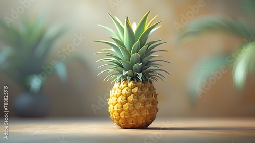 Ripe Golden Pineapple on Wooden Table with Soft Light and Blurred Green Foliage Background