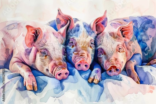 Watercolor close up of piglets on a farm.