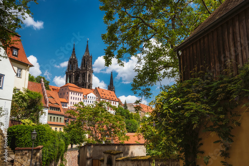 Medieval Meissen old city with beautiful Albrechtsburg Castle on hill. Dresden, Saxony, Germany. Sunny Day in Spring season