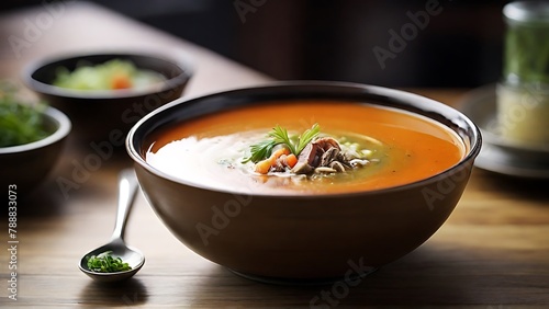 Culinary Delight: Soup with Spoon on Table, White Background