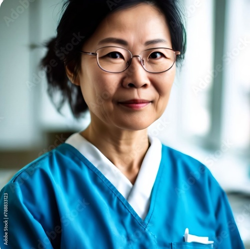 A woman in electric blue scrubs and glasses smiles at the camera