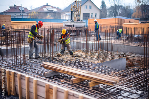 Team of the construction workers works on foundation of contemporary house.