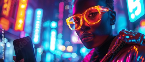 Sleek portrait of a person in a chic outfit, holding a modern black smartphone, posing with confidence against a hightech, futuristic cityscape, vibrant neon lights highlighting the scene.