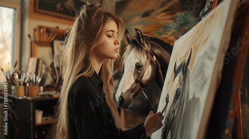 A girl wearing a black dress in an art room, her horse watching her