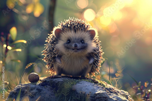 A cute hedgehog is standing on a rock with a nut in its mouth