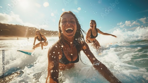 A group of women surfing at the beach, their bodies riding the waves with skill and grace. They are all exhilarated and laughing, and the sun is shining brightly.