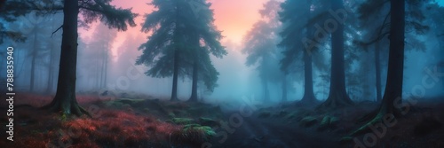 dark foggy fantasy forest landscape background from Generative AI