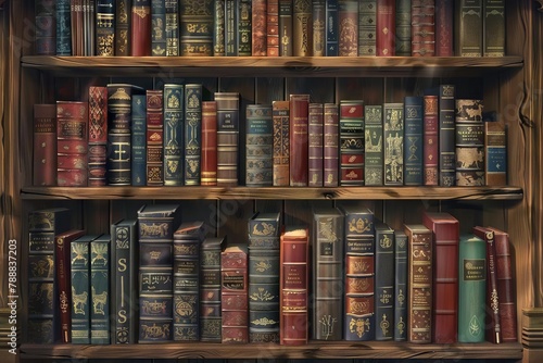 vintage bookshelf with rows of antique books creating nostalgic library backdrop digital illustration
