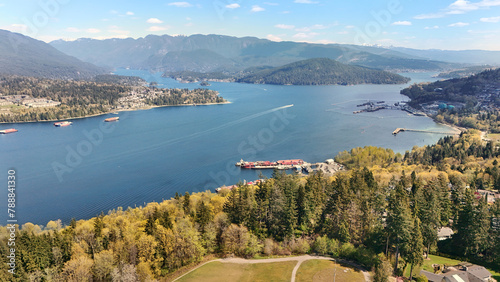 Beautiful aerial view of the Burrard Inlet as seen from North Burnaby during a spring season in British Columbia, Canada