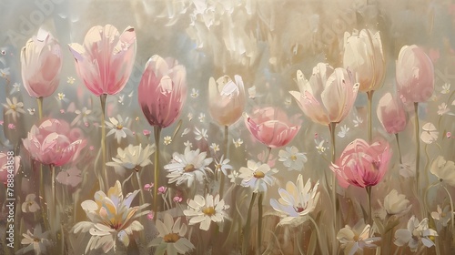 field flowers bee flying delicate soft hazy lighting tulip thick layers rhythms petal pink gradient scheme visible brush strokes misty garden tulips liminal underground