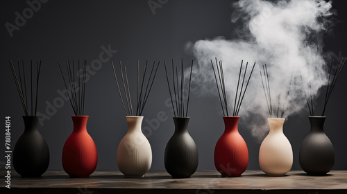 Stylish Reed Diffusers with Elegant Vases on Wooden Surface