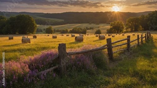 Sun sets over rural landscape, casting warm glow over rolling hills, fields. Round hay bales dot golden field, evidence of recent harvest. Rustic wooden fence lines grassy path.