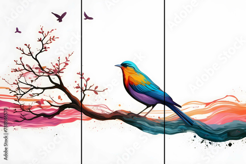 Home panel wall art three panels, colorful marble background with bird on root silhouette for wall decoration