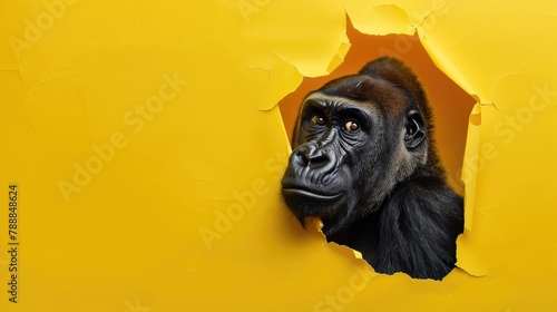 A humorous gorilla peers through a ripped hole in a contrast pastel color paper background, Ai Generated