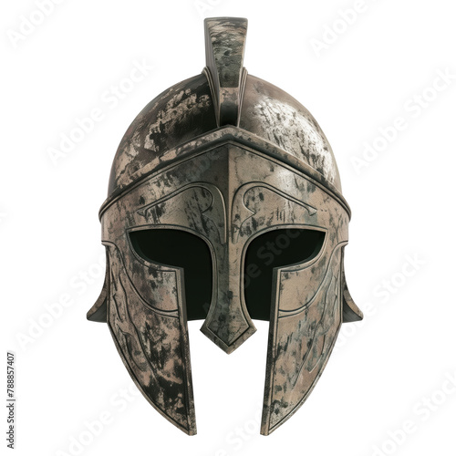 An old and worn ancient greek spartan warrior iron helmet with a black face and a gold rim isolated on transparent background.