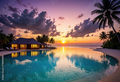 Amazing tropical sunset panorama at Maldives islands.
