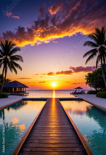 Amazing tropical sunset panorama at Maldives islands.