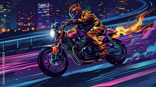Tiger costume man riding motorcycle on the road at night city illustration