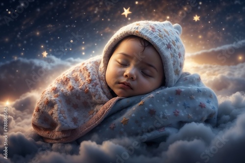 Baby sleeping a bed of cloud, stars twinkling in the back