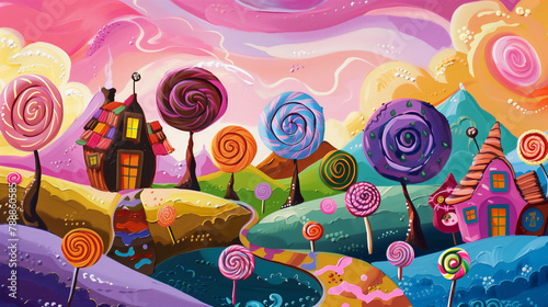 Landscape made of sweets like chocolate houses, lollipop trees, lemonade river, child’s drawing style, sweetly saturated colors, fun strokes