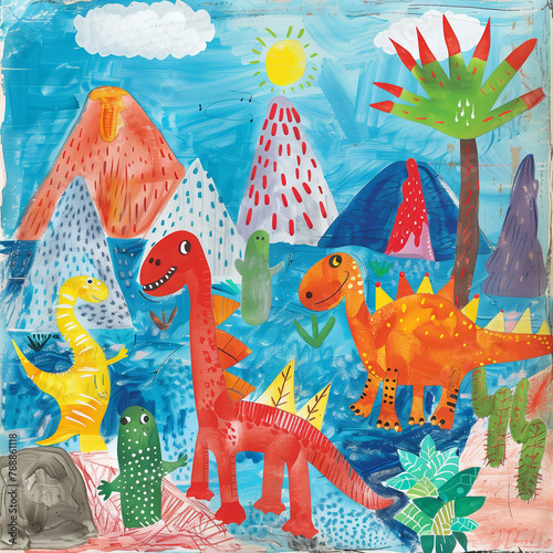 Playful dinosaurs in a prehistoric park, volcanoes in the background, child’s drawing style, bright colors and simple lines