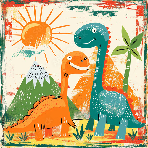 Playful dinosaurs in a prehistoric park, volcanoes in the background, child’s drawing style, bright colors and simple lines