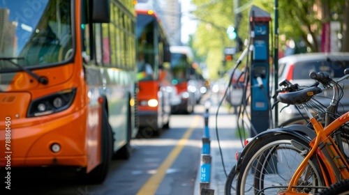 A city street lined with ecofriendly public transportation options including electric buses bike sharing stations and electric car rental services demonstrating a commitment to sustainable .