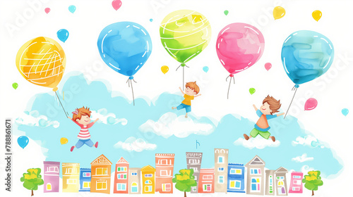 Children flying in colorful balloons over a toy city, blue sky with fluffy clouds, child’s drawing style, simple lines and bright colors