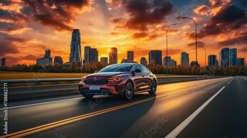 car on the highway with cityscape in the background at sunset.