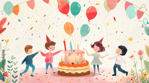 Birthday party with a big cake, balloons, children dancing and playing, child’s drawing style, cheerful colors, simple and imaginative details