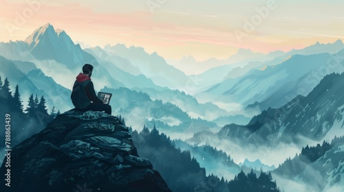 A man on a mountain top with a laptop, working remotely, styled as a realistic landscape.