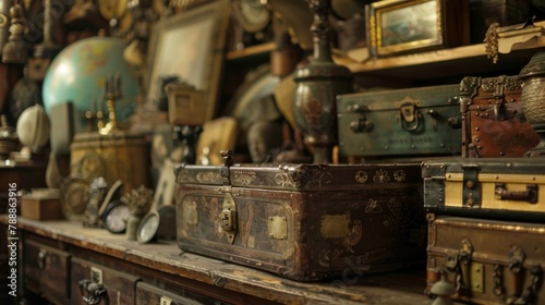 Soft and blurred the backdrop reveals a collection of antique artifacts and relics hinting at a hidden historical haven waiting to be explored. .