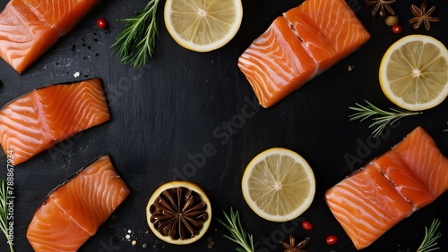 Raw salmon accompanied by various cooking elements and lemon on black backdrop