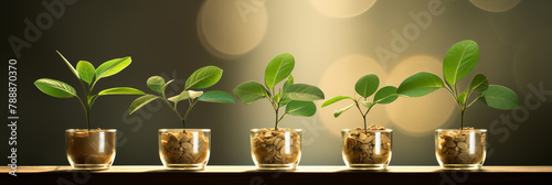 Five young plant green buds in clear glass planter pots with stones. Little sprouts growing in transparent flowerpots on dark golden blurred background with bokeh lights. Modern indoors decoration. 