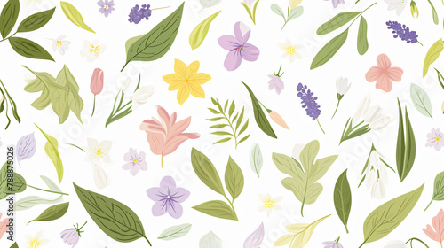 Detailed botanical pattern illustration of various leaves and flowers, vibrant colors, educational or decorative purpose. 