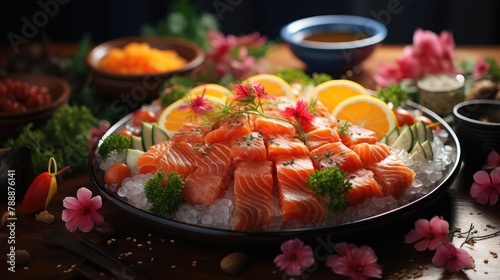 Delicious fresh sashimi on ice with black and blur background