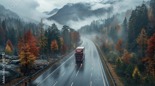 A commercial truck transportation, red freight vehicle on misty mountain road, scenic transport, A commercial truck transportation