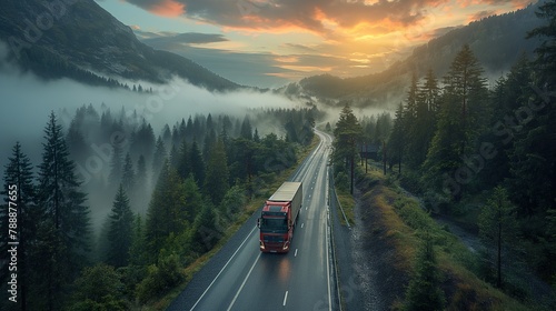 A commercial truck transportation, heavy transport truck on curving forest road, misty morning, A commercial truck transportation