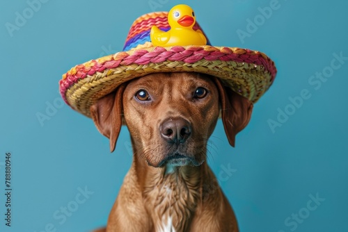 Festive Rhodesian Ridgeback Dog Celebrates Cinco de Mayo with Vibrant Sombrero and Rubber Duck