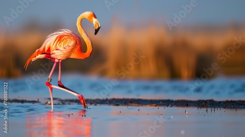 Pink Flamingo Standing Gracefully in Salt Marsh Landscape