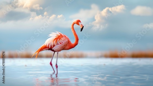 Graceful Flamingo Standing on One Leg in Salt Marsh