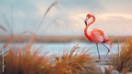 Beautiful Flamingo Bird in Tranquil Salt Marsh Setting