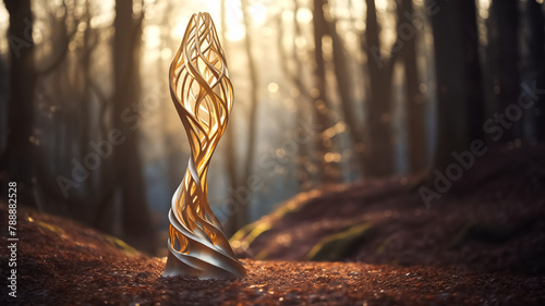 Sculptural wooden art installation in forest at sunrise. Art and nature concept with copy space. Design for contemporary art, sculpture, woodland exhibition.
