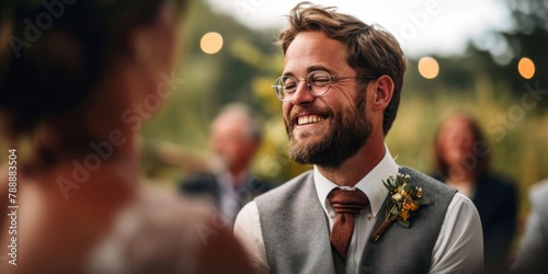 Candid photo of a joyful groom at an outdoor summer wedding, surrounded by nature. His authentic happiness shines, capturing the essence of this lifestyle milestone, Generative AI 