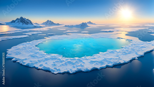 Icelandic seaside scenery, glaciers and icebergs, reflecting sunlight on the sea surface, magnificent Arctic scenery