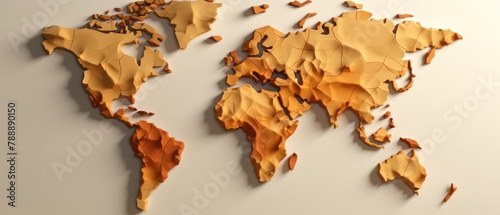 Realistic 3D depiction of a minimalist world map with fluctuating economic heat zones,