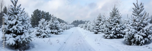 A snow-covered Christmas tree farm features rows of evergreen trees stretching into the distance, with the cut-down trees standing tall with white decorations.