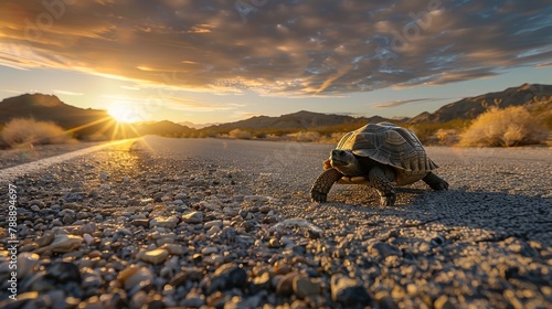 Wise Tortoise Crossing Desert Road at Sunrise - Polarized Filter Shot.