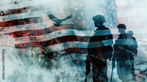 A powerful double exposure image of soldiers in silhouette overlaid with the American flag flying at half-mast, with a lone eagle soaring overhead