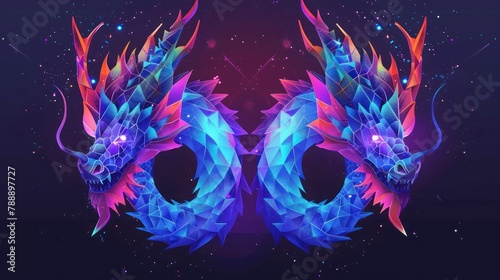 Beautiful cosmic low poly illustration with decorative shiny two headed dragon on the dark background AI generated
